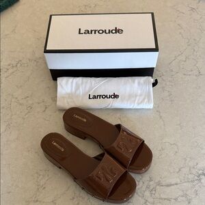 Larroude Glossy Brown Patent Slide Sandals